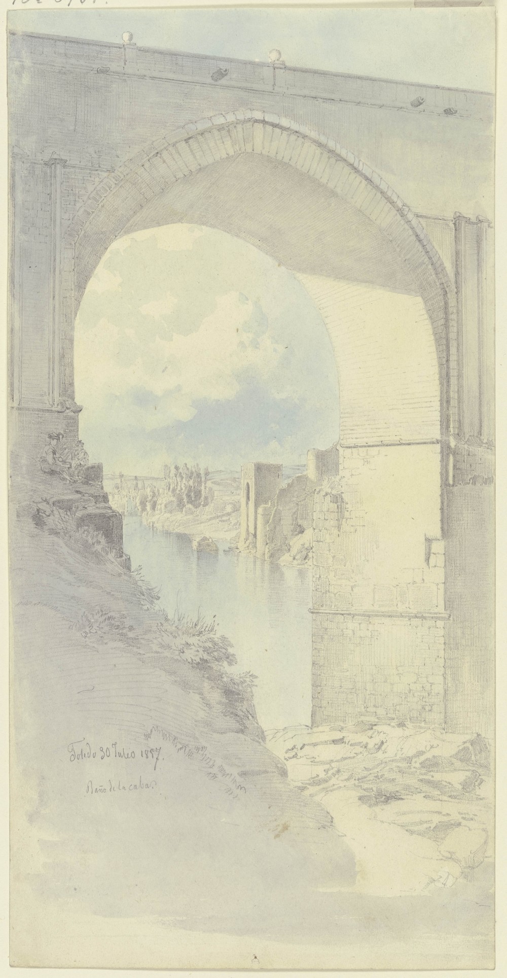 Fritz Bamberger. Vista del Baño de la Cava a través de uno de los ojos del Puente de San Martín.