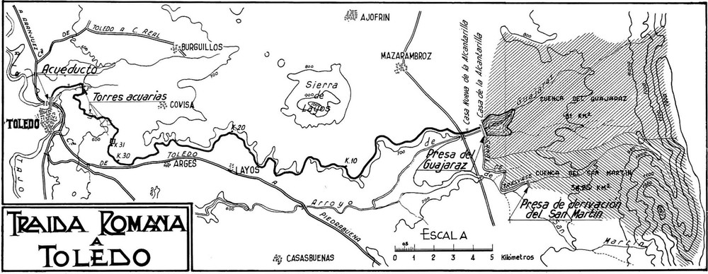 Plano de la conducción romana de agua a Toledo, según la obra de A. Ortiz Dou.