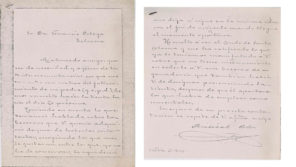 Reproducción de las cartas entre el duque de Veragua y D. Venancio Ortega cedidas por Vicente María Leyva Ortega en los años 80 al Club Taurino Talaverano.