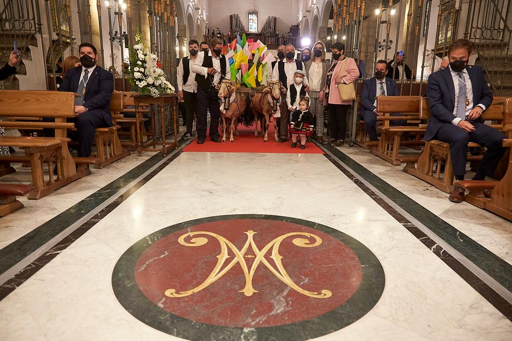 El carrito tirado por los carneros de Gamonal entra en el interior de la Basílica.  / MANU REINO