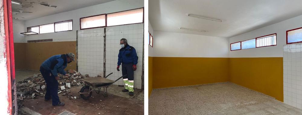 Antes y después de los almacenes auxiliares de la zona deportiva del pabellón Roberto Molina, en Patrocinio.