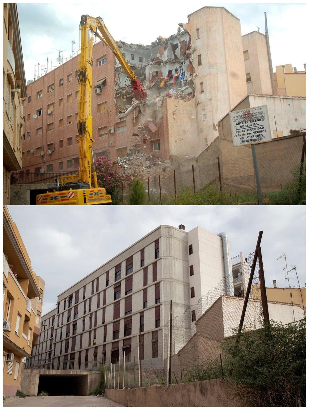 Comparativa del Residencial ‘Princesa’ del barrio de La Viña tras el seísmo y en la actualidad, después de que se tuviera que demoler. 