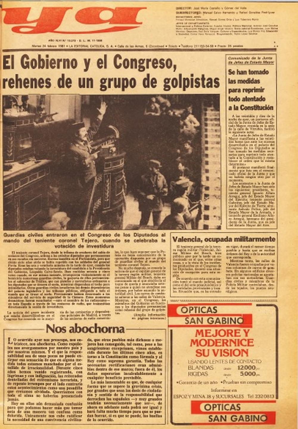 Portada de la edición toledana del Diario Ya del 24 de febrero de 1981.