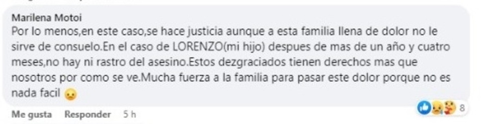 Comentario de la madre de Lorenzo, Mariela Motoi, publicado en el Facebook de La Tribuna.