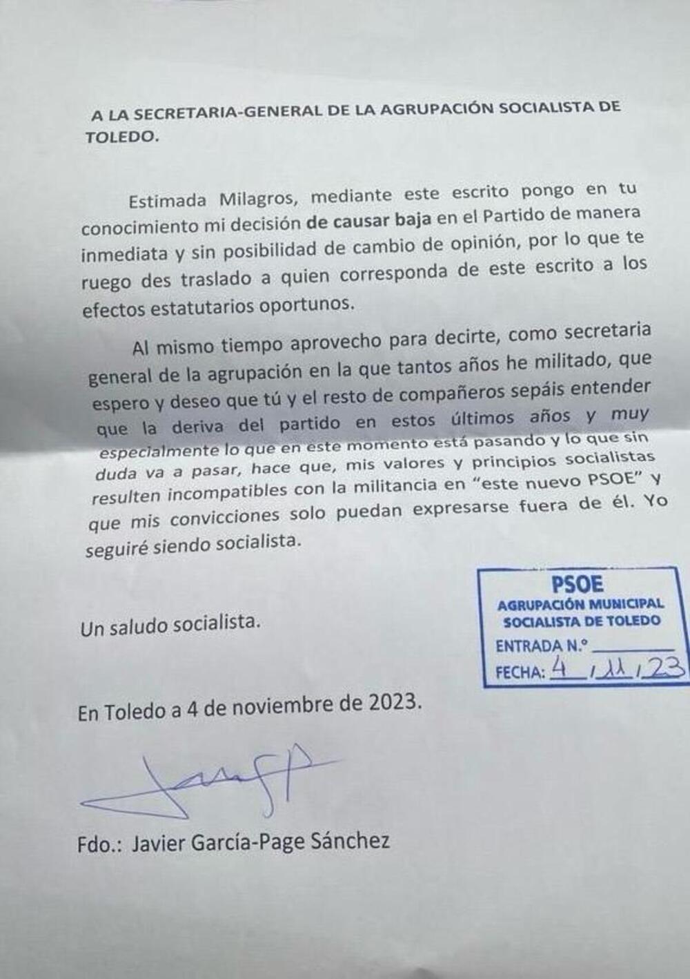 Carta enviada por el hermano de Emiliano García-Page a la agrupación socialista de Toledo comunicando su baja.